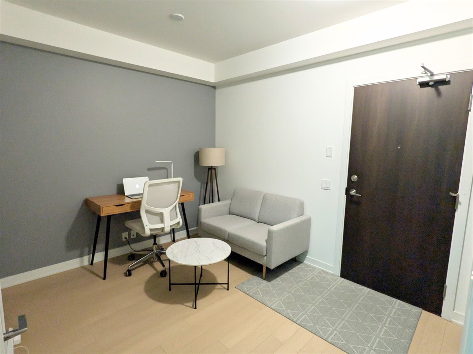 Compact first-home interior with desk and seating